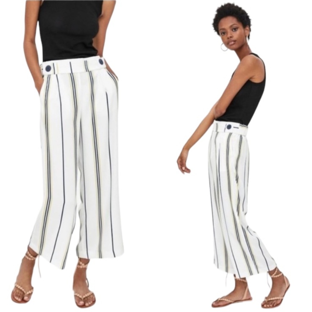 Zara Trafaluc White Striped Wide Leg Cropped Trouser Pants NEW SIZE SMALL